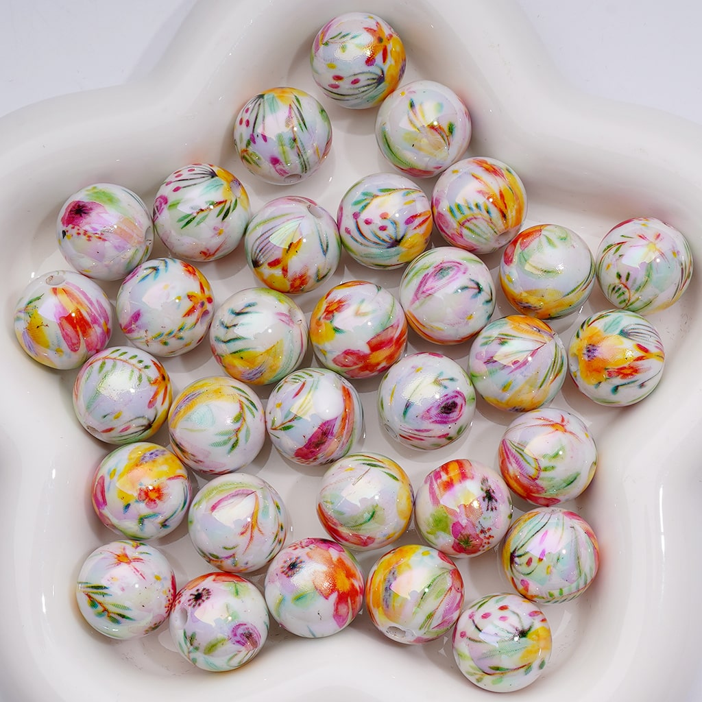 Different Flowers Multi-Color UV Coating Round Acrylic Beads, 16MM (Single Color is available for 200pcs Whole bag)