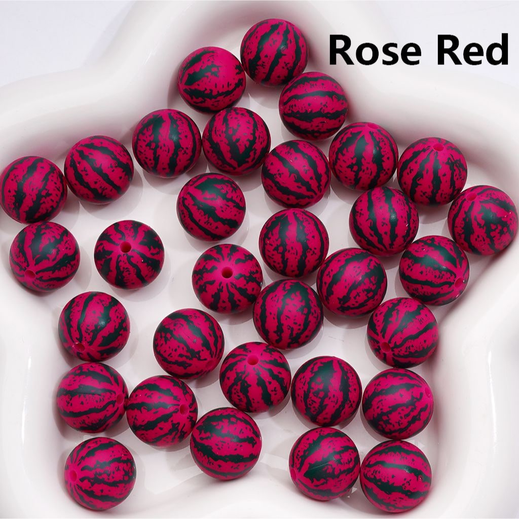 Watermelon Stripe Round Printed Design Multi-Color Style Silicone Beads Z-00281 15MM