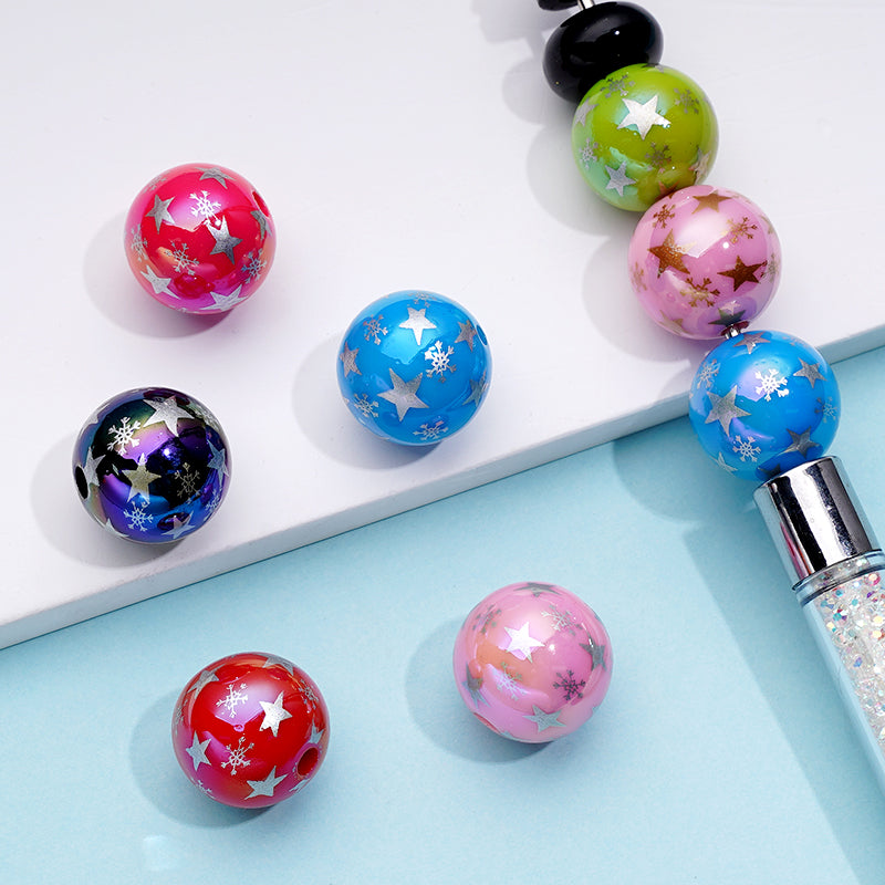 Multi-Color Shiny Glossy Stars Snow Flakes Flowers Around Acrylic Beads, Random Mix, 16MM
