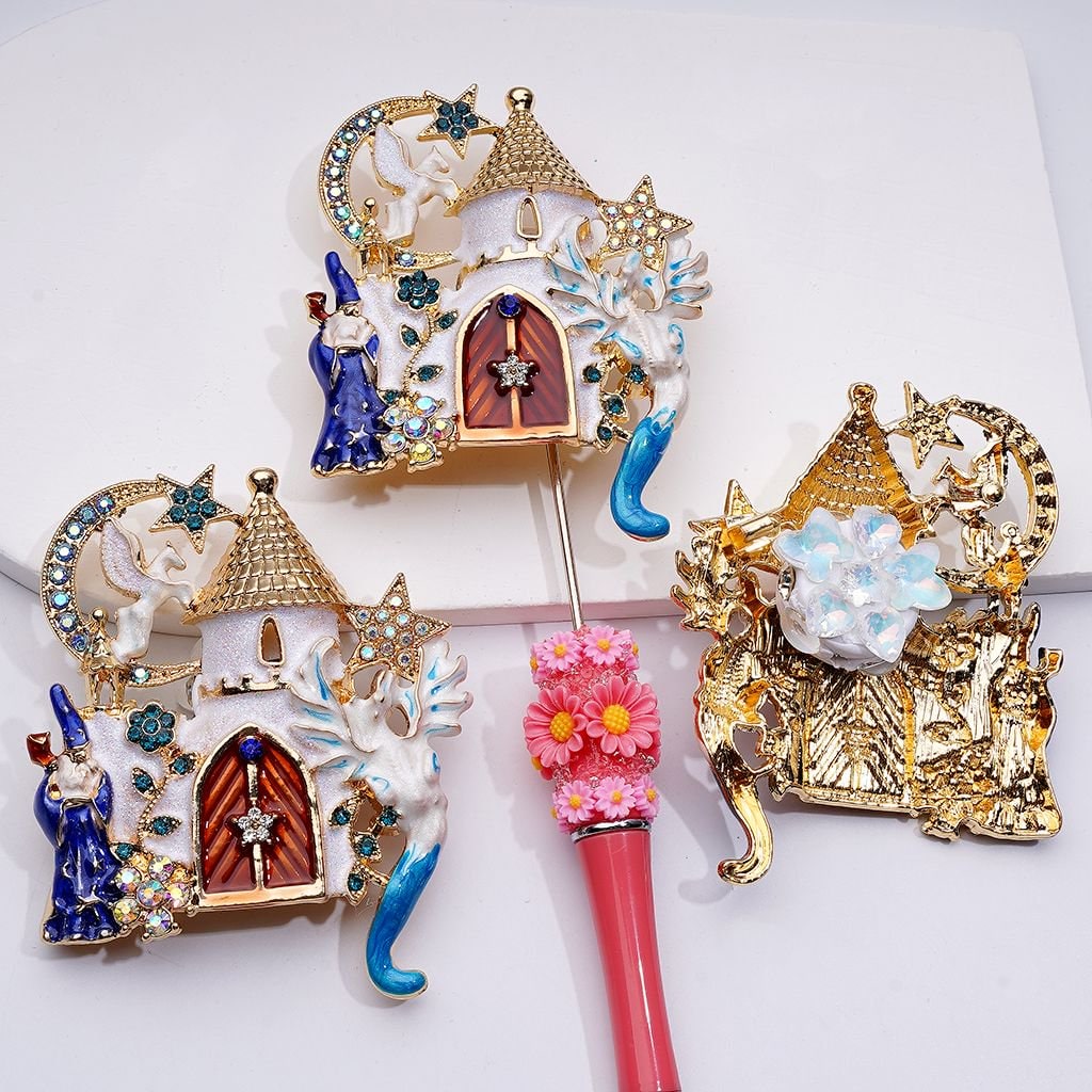 Elegant Gold Alloy Castle Clay Beads Adorned with Colorful Rhinestones, and Snowflakes, Butterflies, Hearts, Around 80*62MM