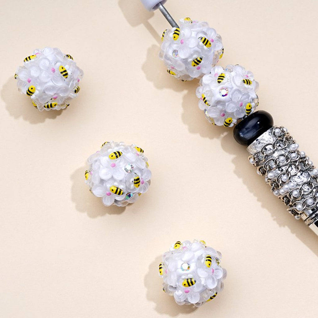 Colorful Flowers Yellow Cute Bees AB Rhinestones White Round Clay Beads, Around 20MM