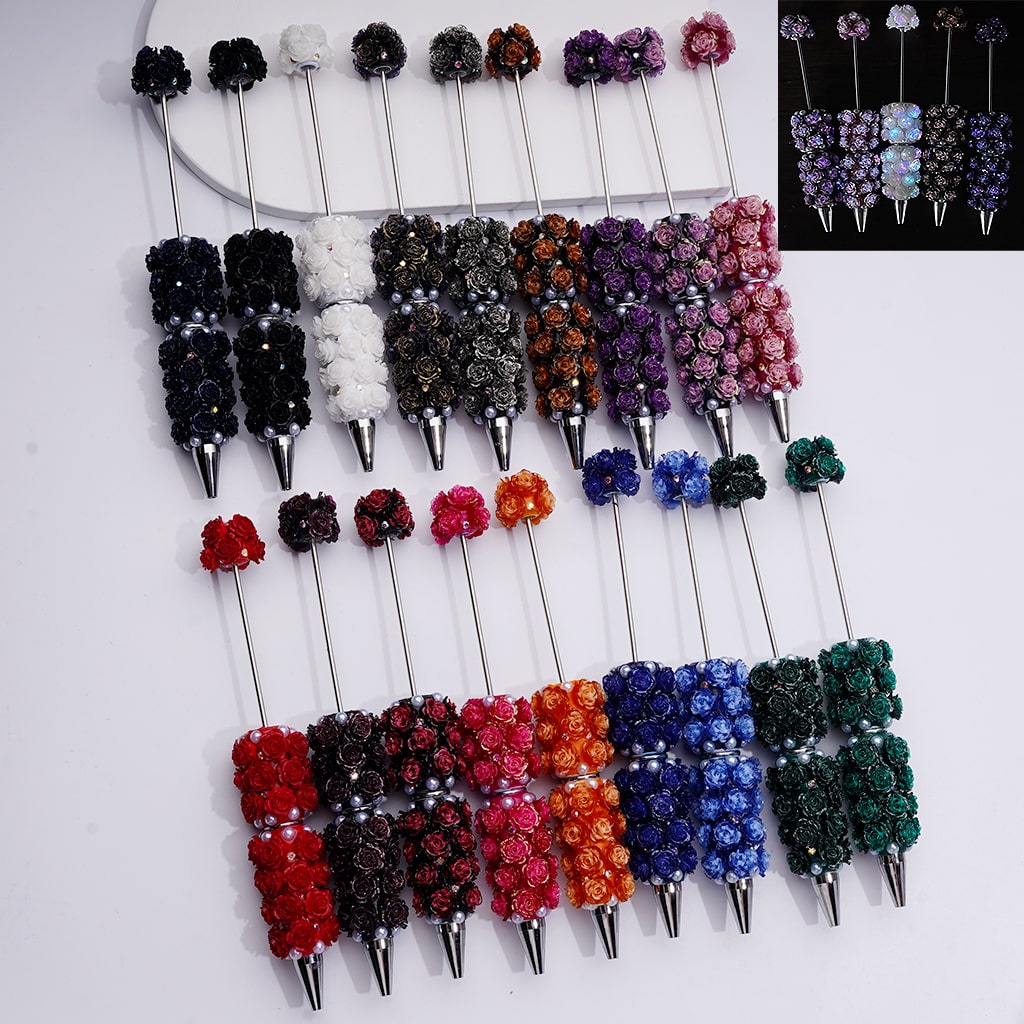 Glitter Shiny Flowers Luminous Beadable Clay Pens with White Pearls and AB Rhinestones