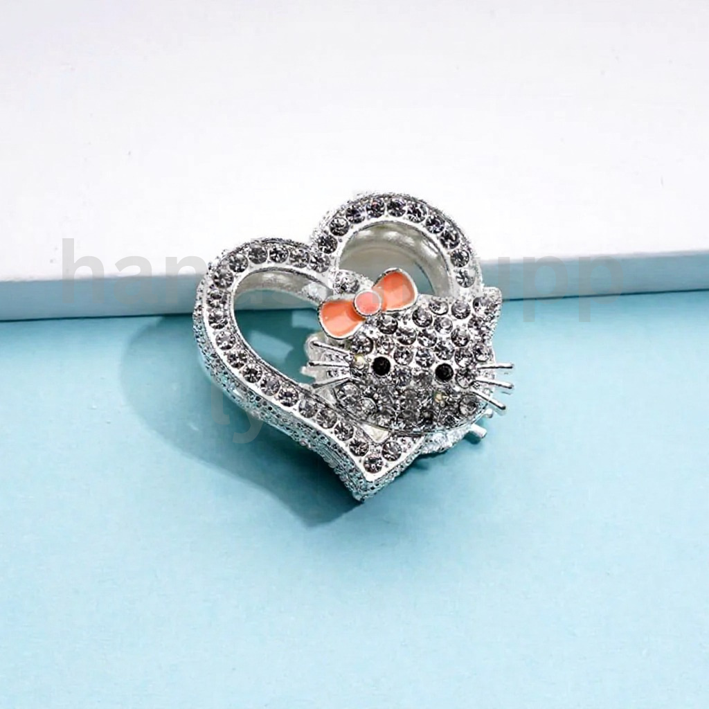 Silver Heart HK Kitten Design with Clear Rhinestones 27×28MM Alloy Beads