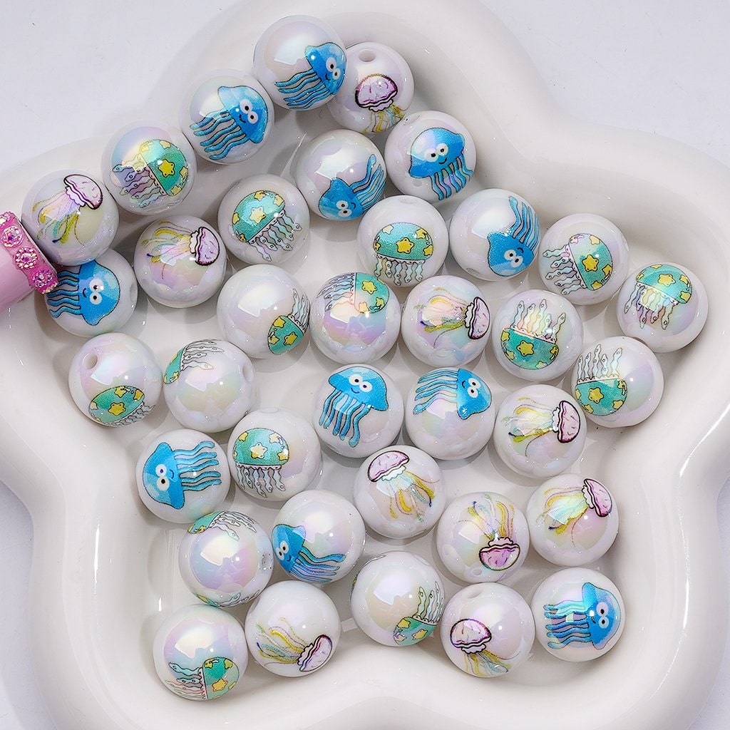 UV Coating Acrylic Beads Jellyfish & Ocean Creatures Theme, Marine-Inspired Mixed Set, 16MM