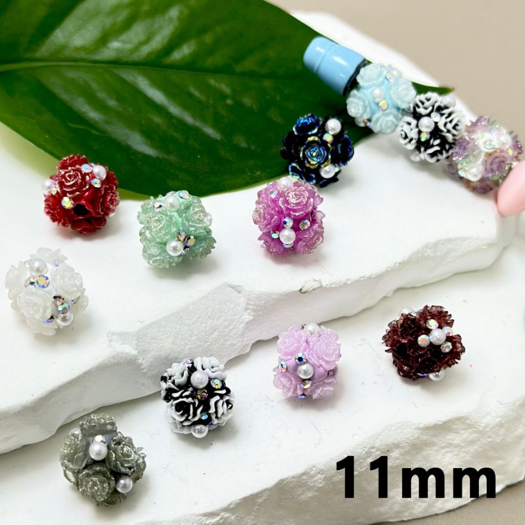 Shiny Glitter Flowers with Mini AB Rhinestones, White Pearls, and Round Clay Beads (11MM) – Please Read the Description