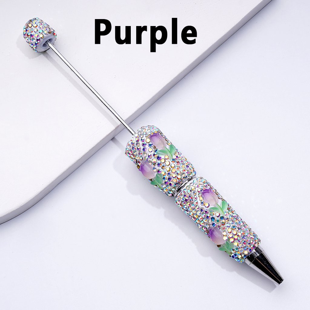 Beadable Clay Pens with Mini Cute Tulip Flowers, Fully Covered in AB Rhinestones