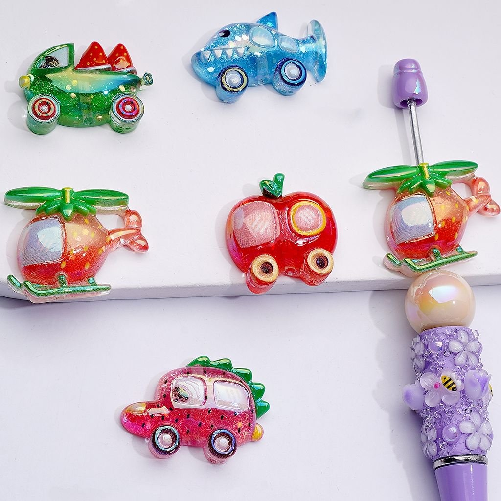 Cute Fruits Vehicle Car Helicopter Strawberry Banana Watermelon Apple Shark UV Coating Acrylic Beads Mix