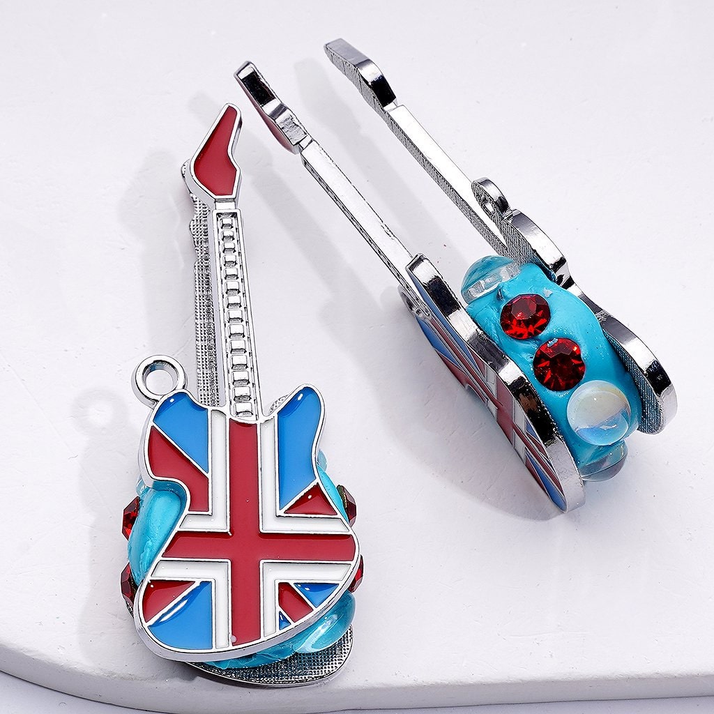 Silver Alloy Guitar Clay Beads Adorned with Shiny Rhinestones and Oval Pearls, Around 57*22MM