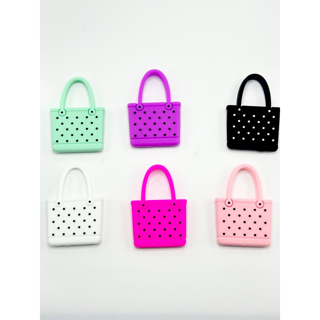 Large Basket Handbag with Small Black Spots Silicone Focal Beads, 406MM
