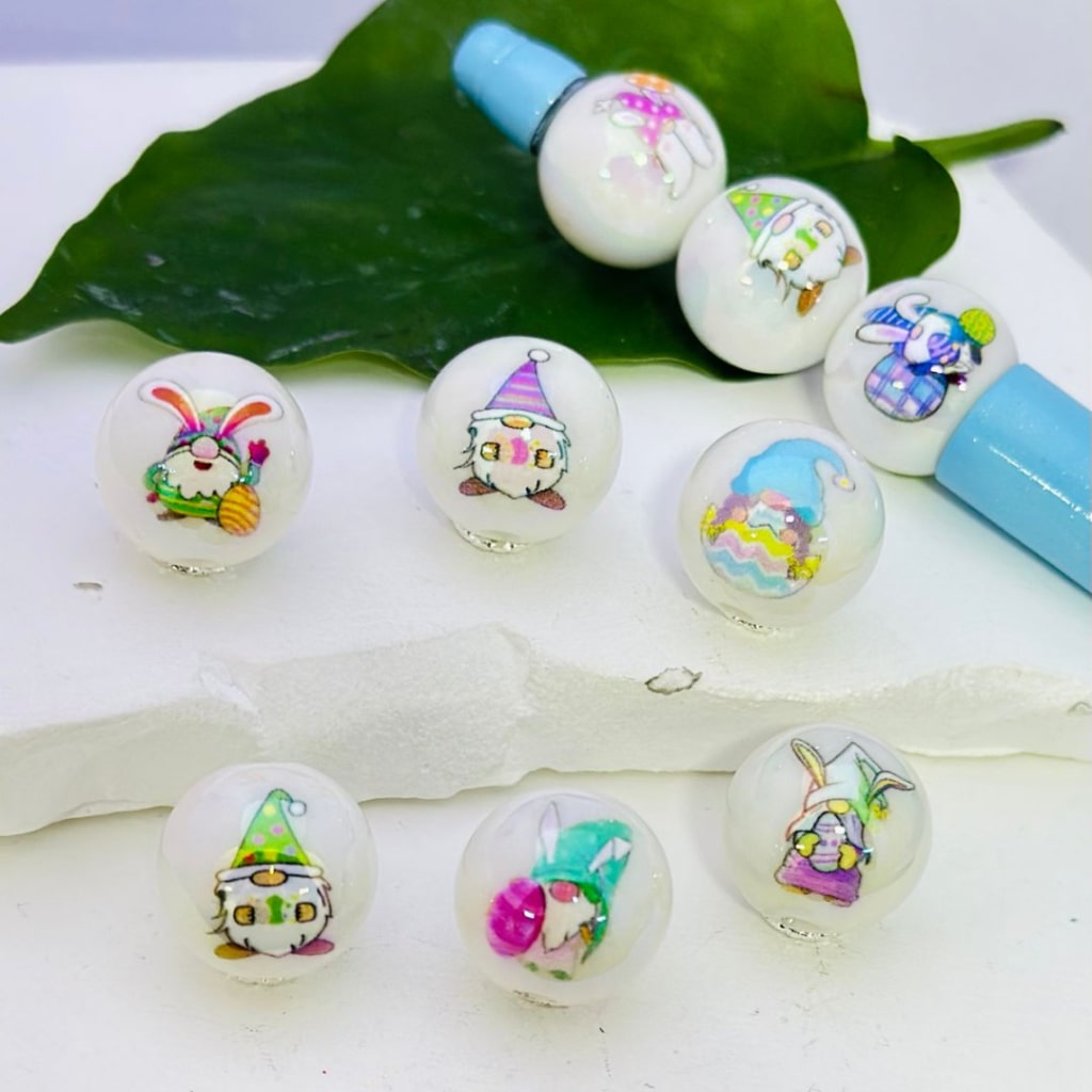 Cute Gnome Bunny Rabbit UV Finish Colorful Eggs Easter White Round Acrylic Beads, 16MM