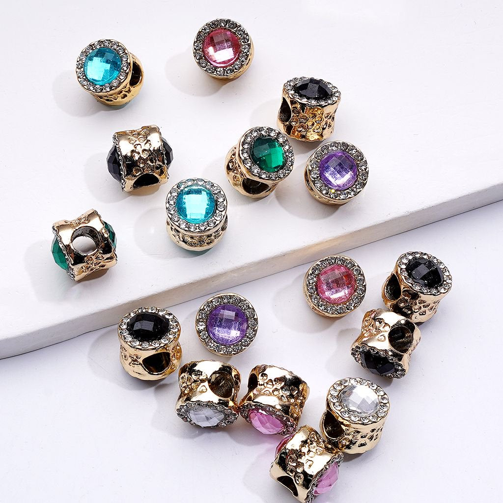 Pandora Cylinder Shape Spacer Beads with Colorful Rhinestones Fancy Gold Alloy Large Hole 10MM Random Mix