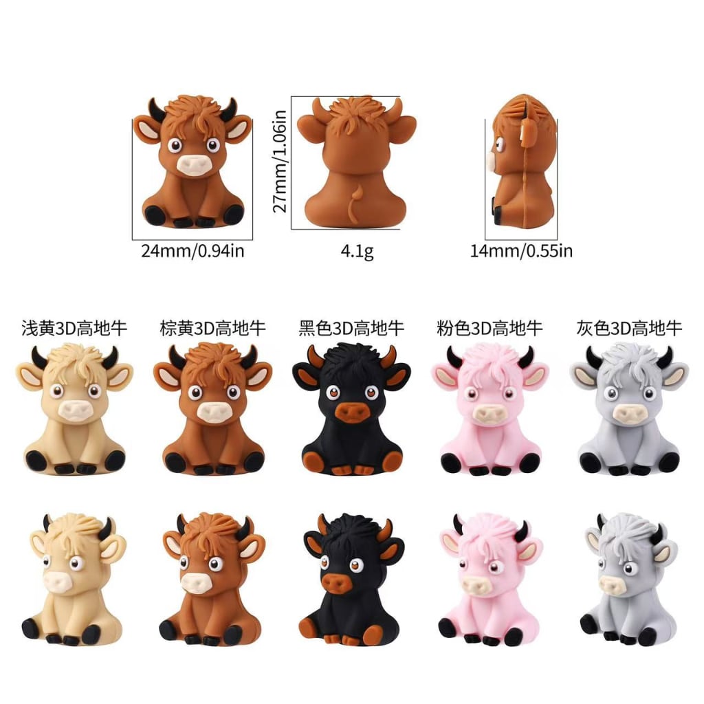 Highland 3D Cute Cattle Silicone Focal Beads Random Mix