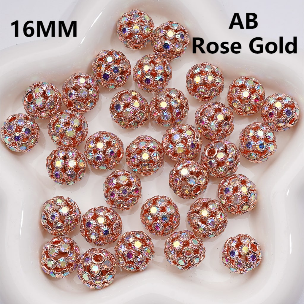 Hollow Gold Silver Rose Gold Fancy Alloy Round Beads with AB Rhinestones, 16MM