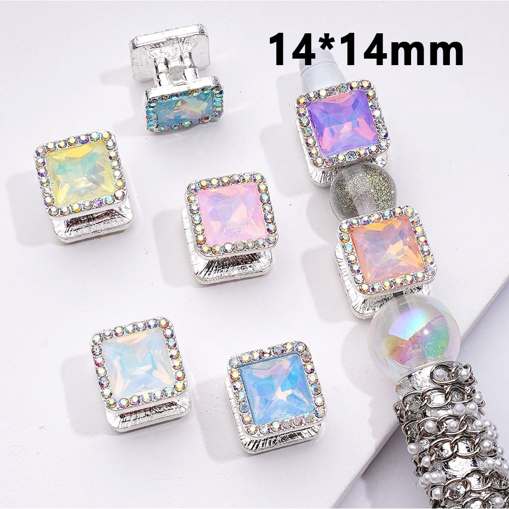 Square Silver Alloy Fancy Beads with Pastel Macaron Rhinestones, Random Mix, 14*14MM