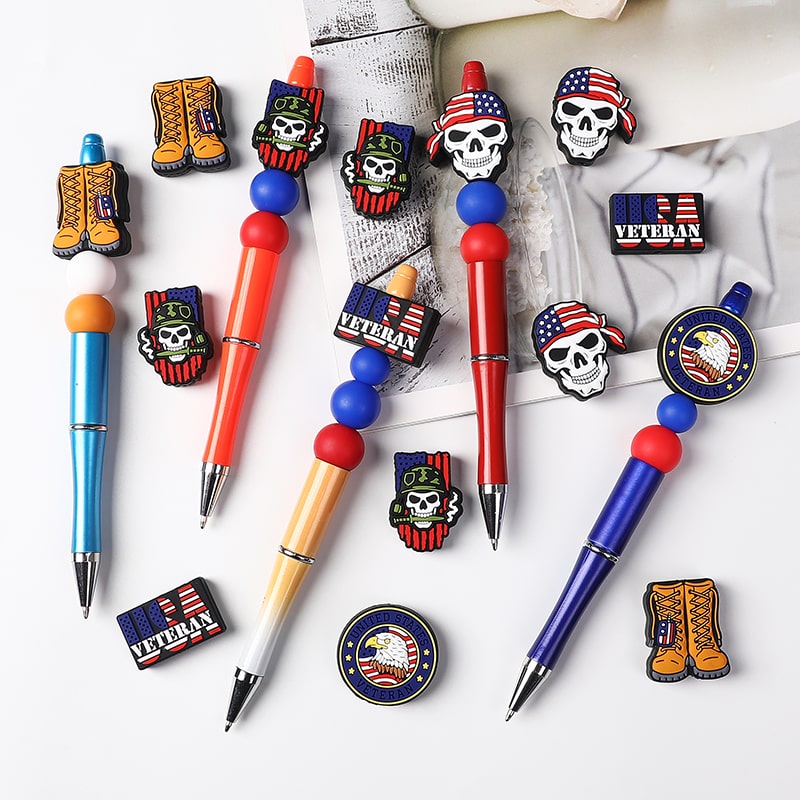 USA Veteran Series Patriotic Skull Head, Boots Boots c& Flag Motifs Designs Silicone Beads