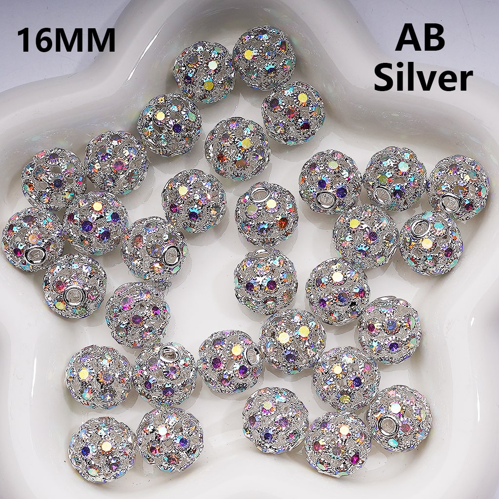 Hollow Gold Silver Rose Gold Fancy Alloy Round Beads with AB Rhinestones, 16MM