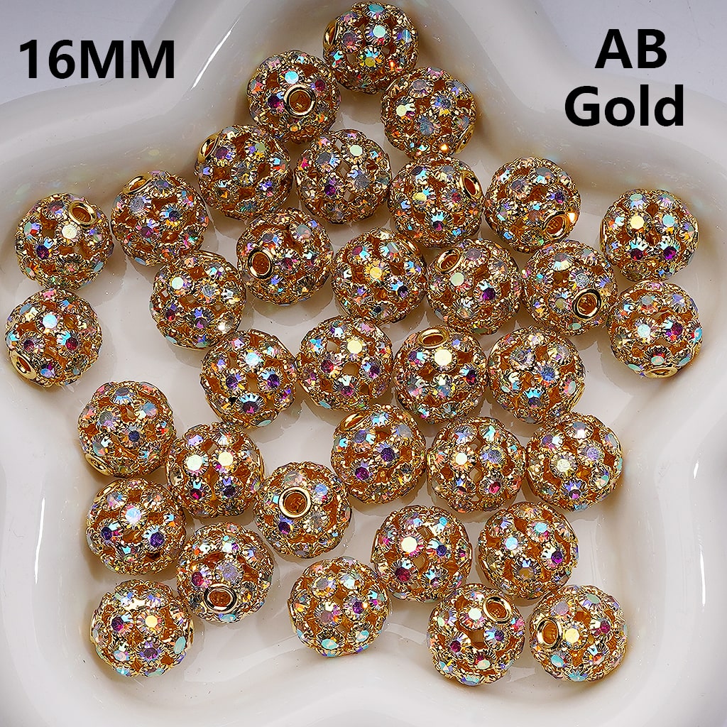 Hollow Gold Silver Rose Gold Fancy Alloy Round Beads with AB Rhinestones, 16MM