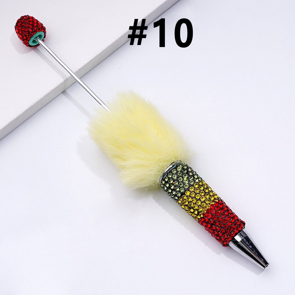 Pom Pom Beadable Clay Pens Covered with Shiny Green Yellow Red Rhinestones Along the Entire Pen