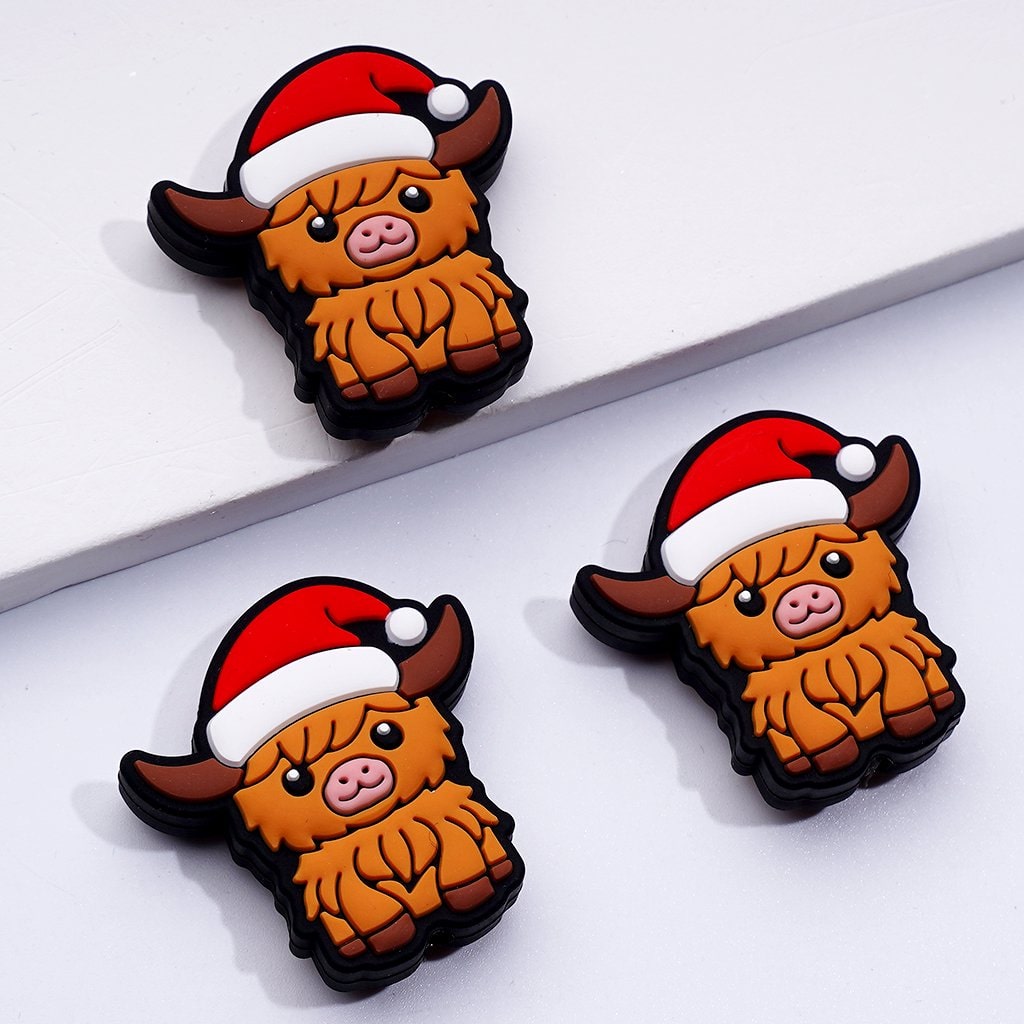 Adorable Cows with Red Christmas Hats & Gift Boxes Silicone Focal Beads, Perfect for Holiday Crafts