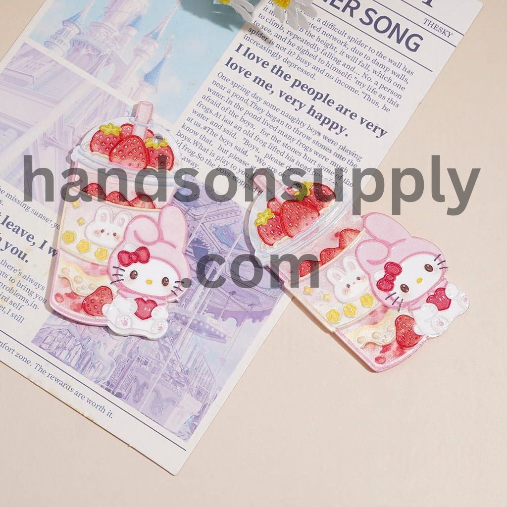 Cute Bunny Character Holding a Heart with Pink Strawberry Smoothie Cup, Raised Pattern Design Acrylic Charms Pendants, 61*34MM