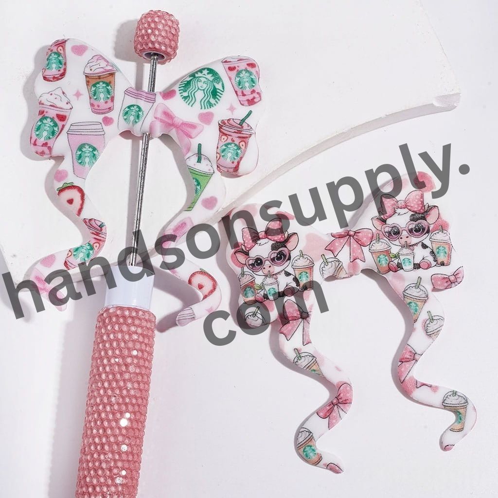 Cute Pink Bowtie with Famous Coffee Cup & Cow Print Soft Bowknot with Long Ribbon Silicone Focal Beads, 59*70MM Random Mix