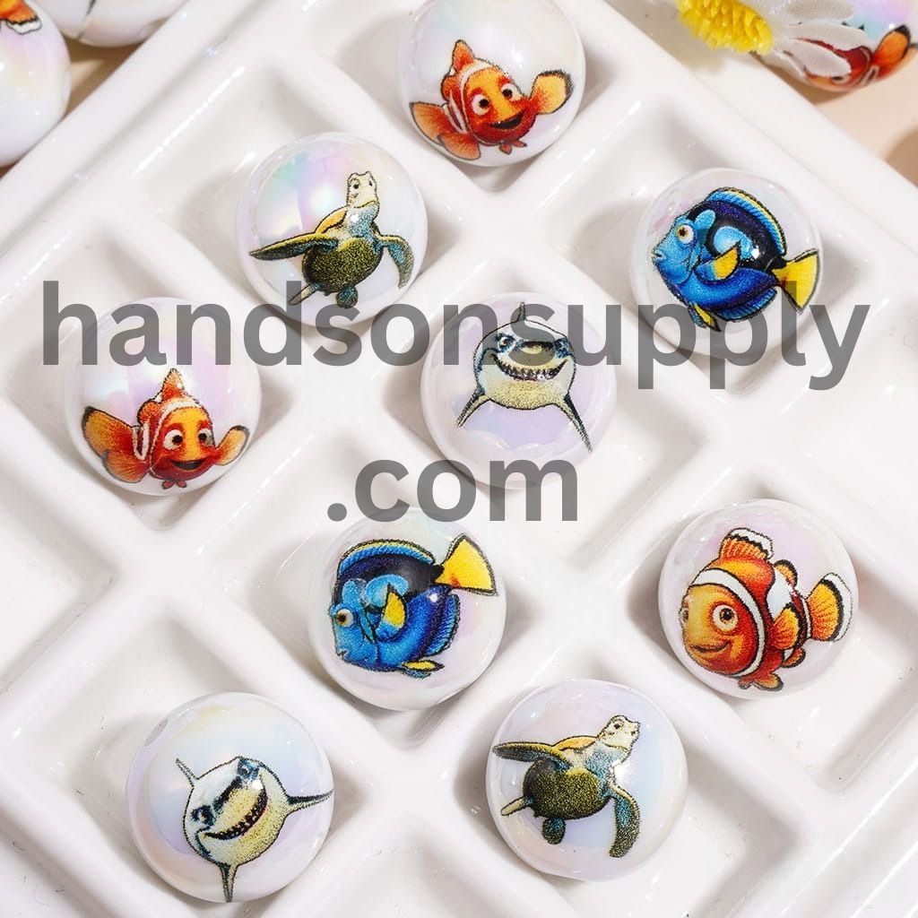 Cute Ocean Sea Creatures Character Series UV Coated Glossy Printed Round Acrylic Beads, 16MM, Random Mix