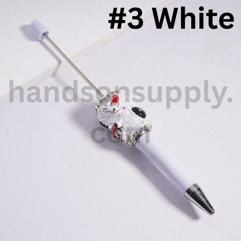 Cute Mickey Minnie Mouse Head Beadable Pen with White Pearls & AB Rhinestones Black & White