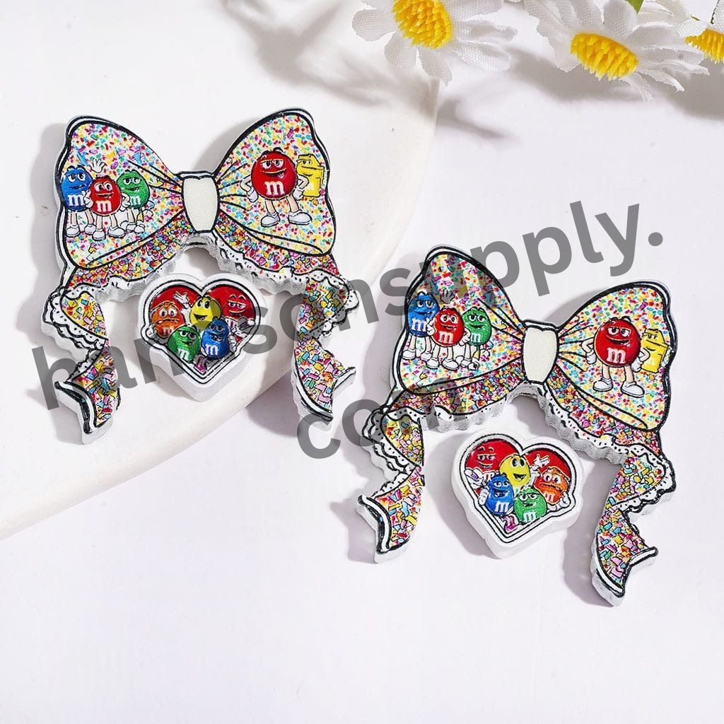 Cute Funny Candy Character Black and White Bow and Piece, Acrylic Beads with Colorful Chocolate Print, (Please Read Description)