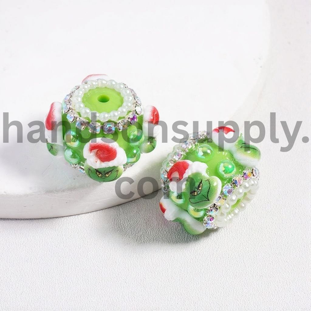 Green Monster Character Christmas Hat Green Half-Shell Pearls & AB Rhinestones Chains Acrylic Beads 22MM
