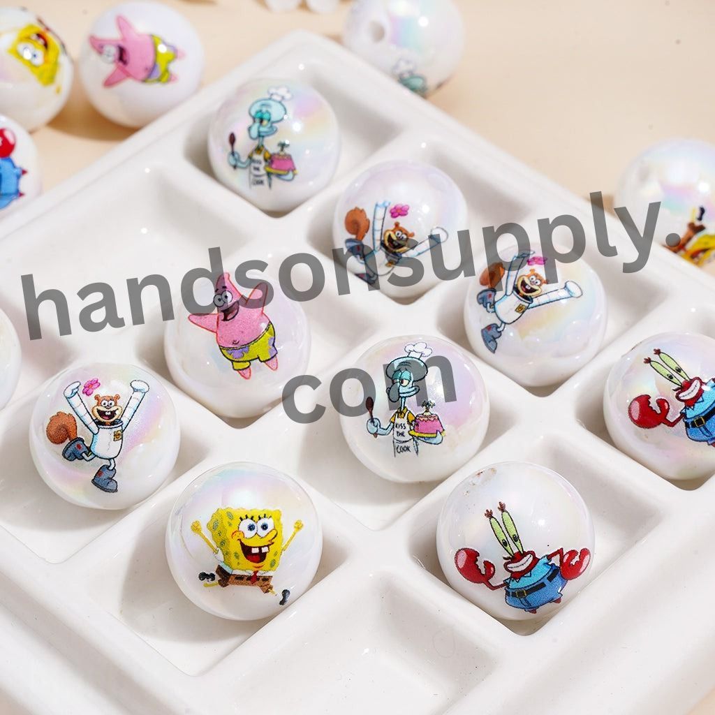 UV Coated Sponge Cartoon Character Series Printed Round Acrylic Beads for Bracelets, 16MM, Random Mix