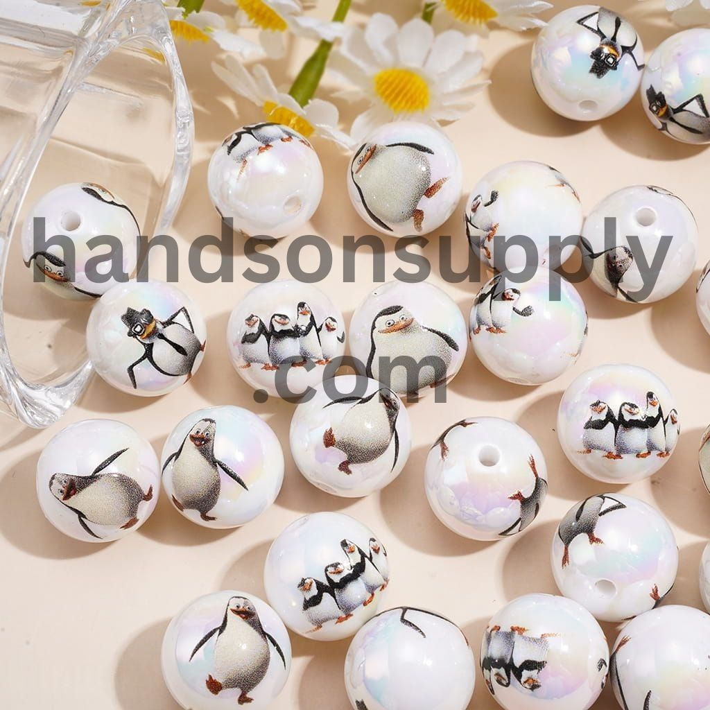 Adorable Penguin Cartoon Character Series UV Coated Glossy Printed Round Acrylic Beads for Bracelets, 16MM Random Mix