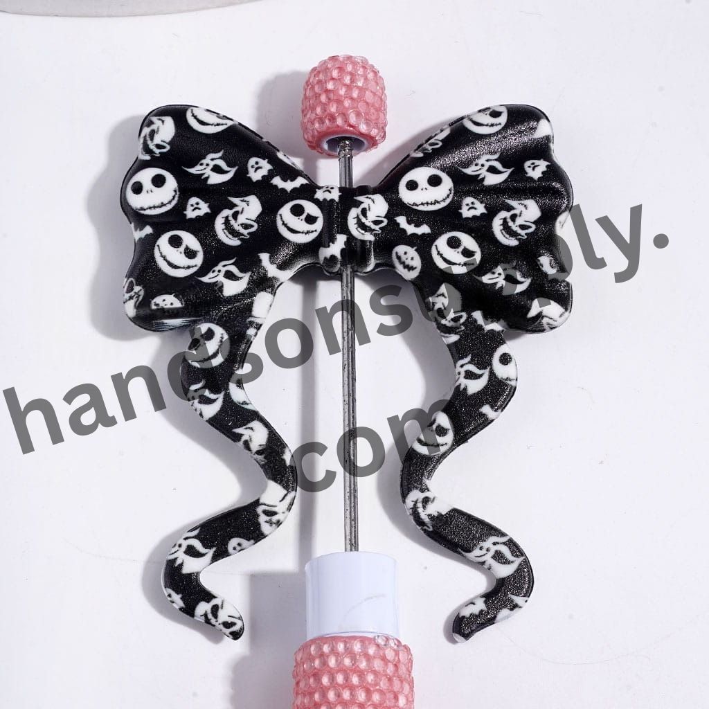 Spooky Skull, Ghost and Bat Designs Print Bowtie with Long Ribbon Silicone Focal Beads, 59*70MM