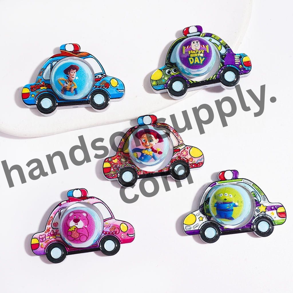 UV-Coated Hollowed Police Car Frame with Toy Adventure Character Printed Round Acrylic Beads Collection Set, Random Mix