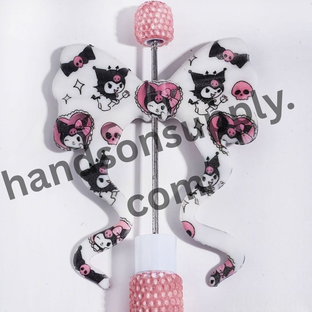 Spooky Skull and Evil Girl Characters Printed Long Ribbon Bow Shape PVC Soft Rubber Beads, 59*70MM, Random Mix
