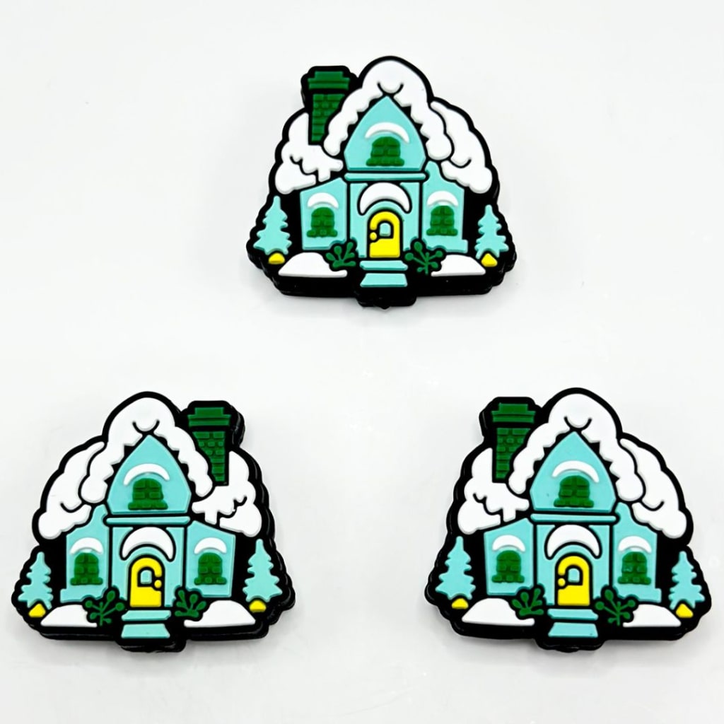 Mini Cute Teal Snow Winter Christmas Covered House Silicone Focal Beads
