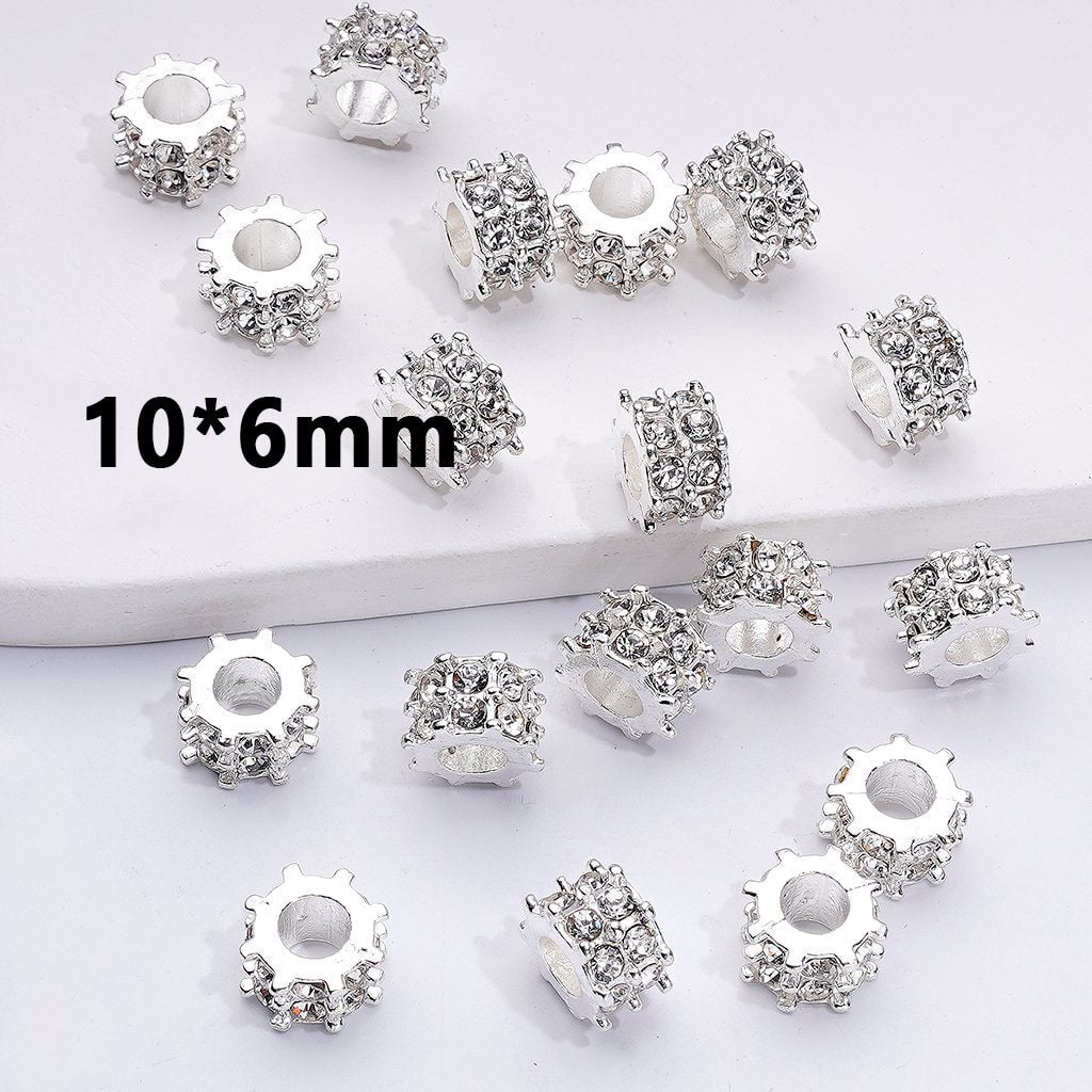 Gear Shaped Spacer Beads in Gold and Fancy Silver Alloy with Clear Rhinestones, 10*6MM