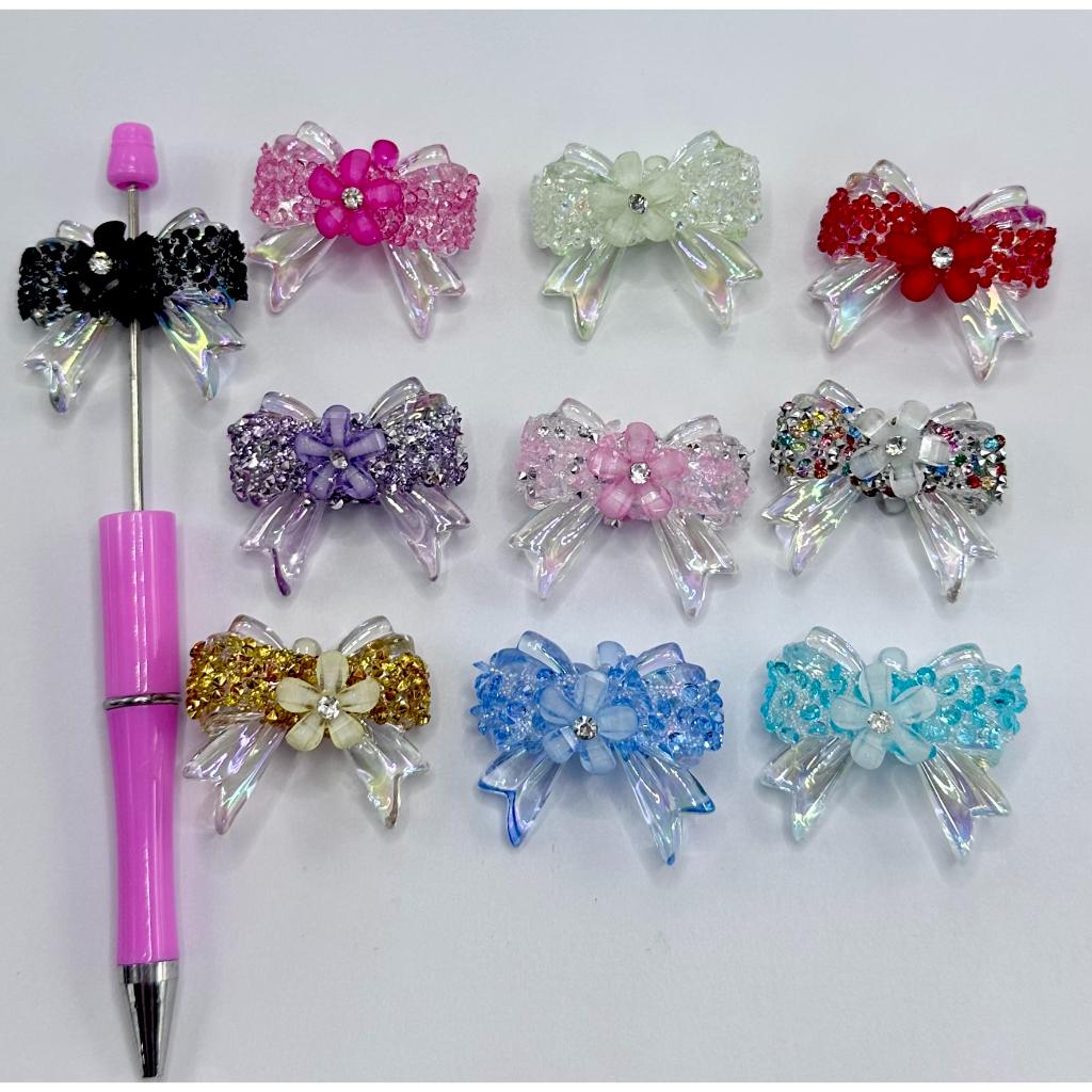 Bowtie Bowknot Acrylic Beads with Flower & Small Rhinestones, See Through Random Mix Color, ZJ