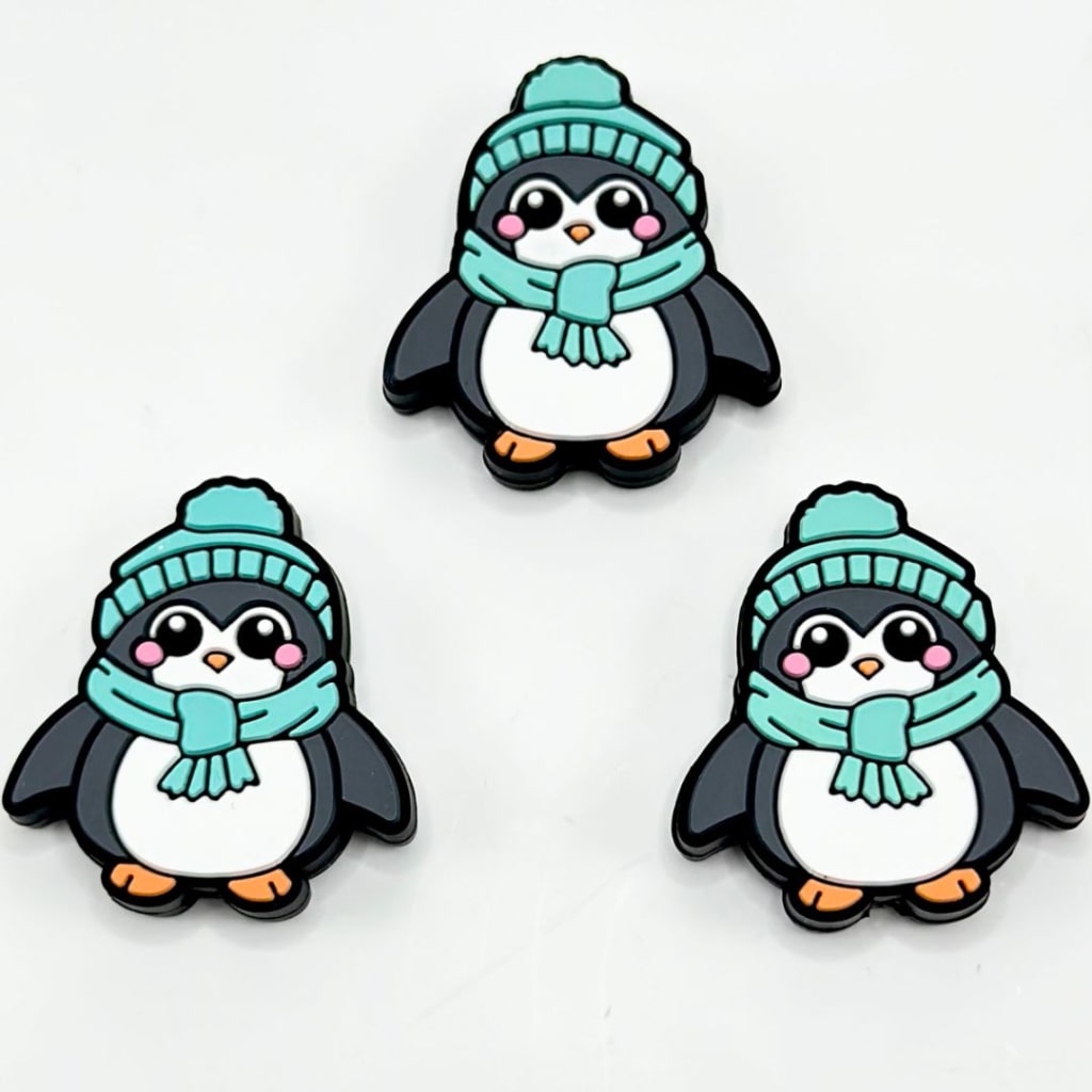 Cute Little Penguin with Teal Scarf Hat Silicone Focal Beads