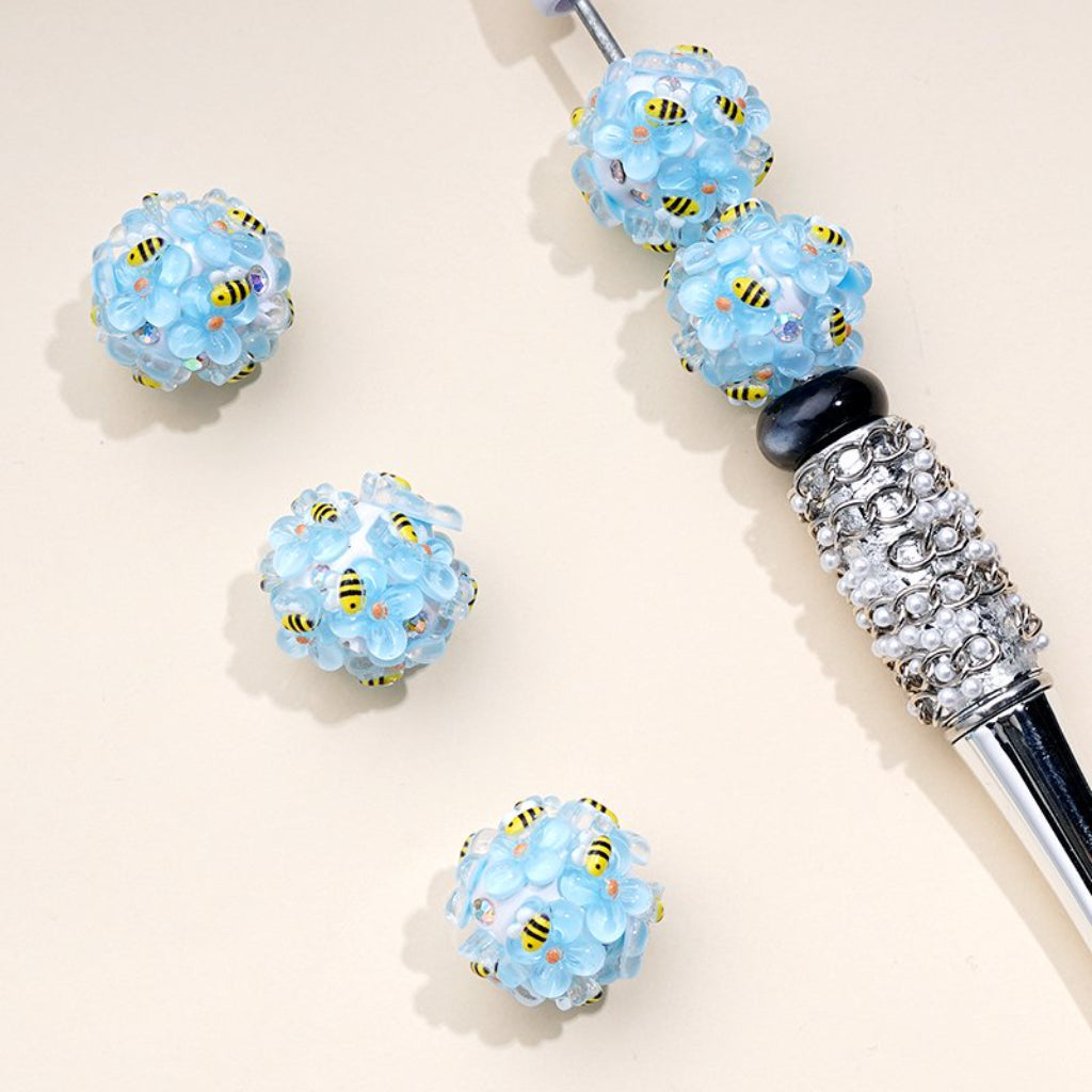 Colorful Flowers Yellow Cute Bees AB Rhinestones White Round Clay Beads, Around 20MM