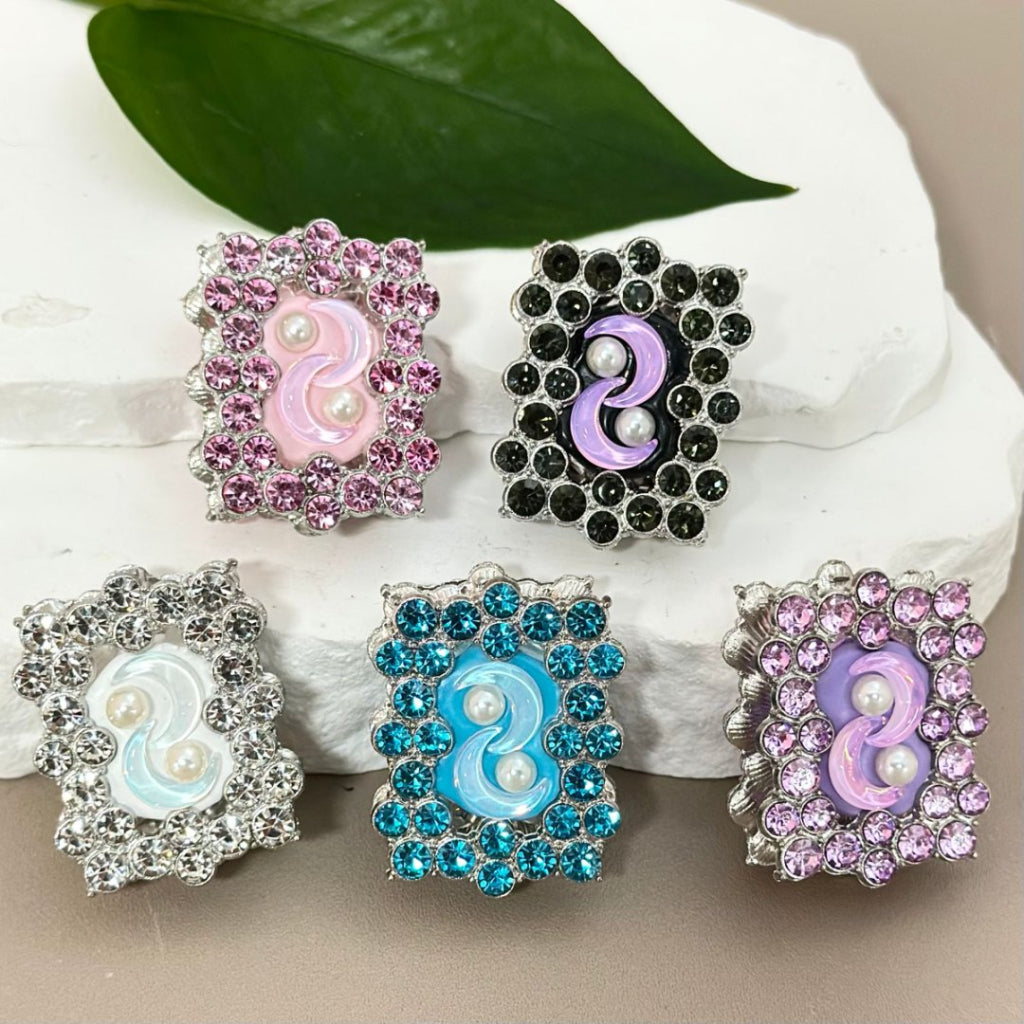 Silver Alloy Fancy Rectangle Frame with Colorful Rhinestones, White Pearls, Clear Crescent Moon, and Clay Beads Around 37*29MM