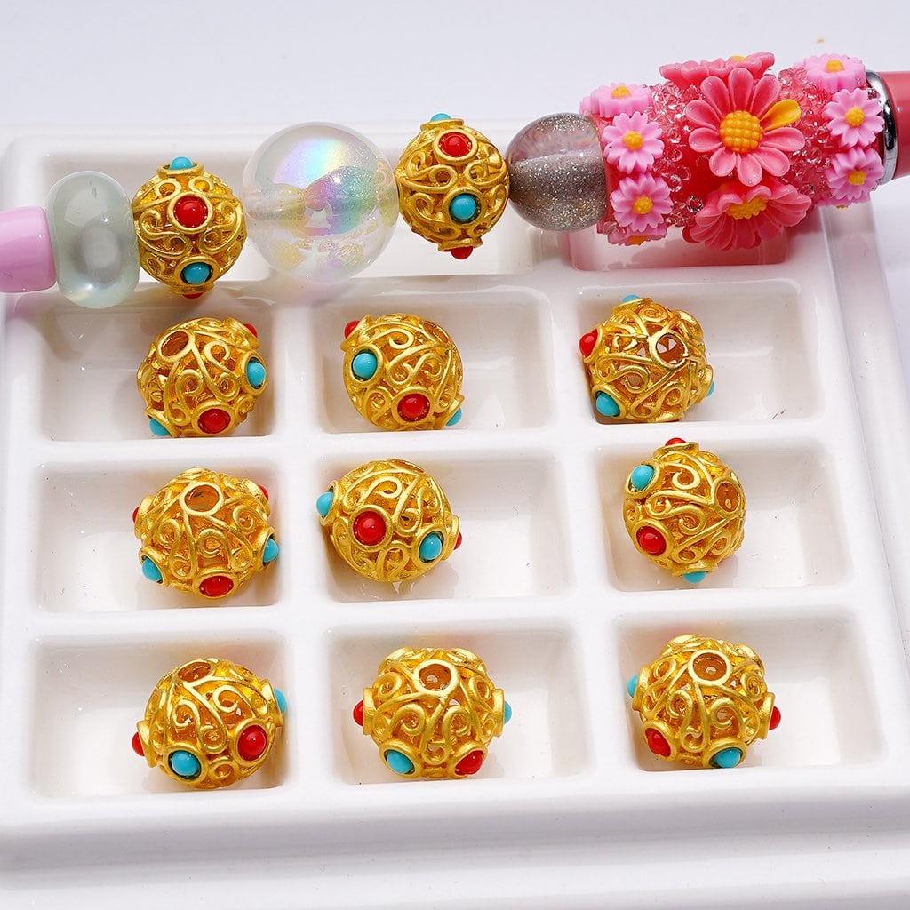 Adorable Gold Alloy Hollow Beads – Mini Design with Vibrant Blue & Red Balls Inside 11*14MM