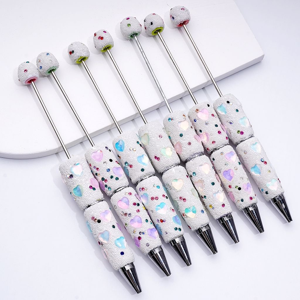 Vibrant Beadable Heart Pen – Jelly Colors with Sparkling Rhinestones & Mini Snow Balls