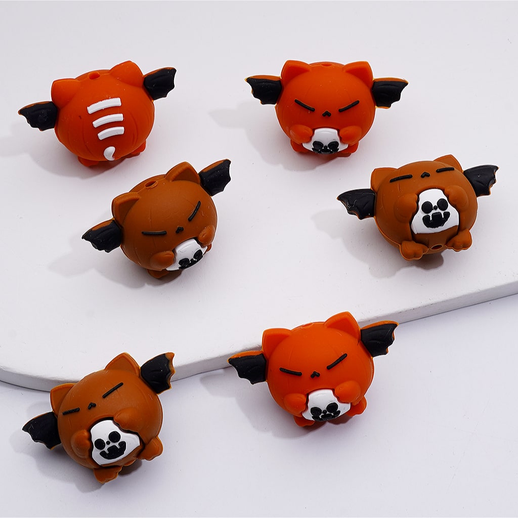 Little White Ghost Held by 3D Cute Bat Halloween Silicone Focal Beads