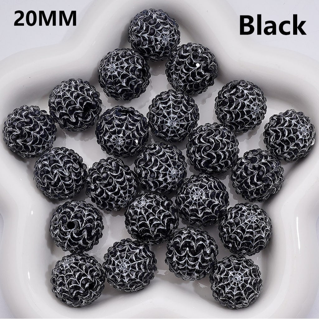 Black White Spider Web Stripes Clear Rhinestones Round Acrylic Beads in Solid Color, 20MM