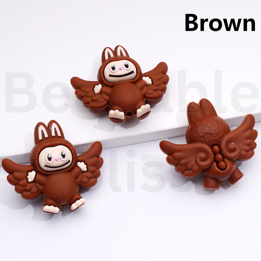 3D Pink White Cute Labub with Wings Silicone Focal Beads