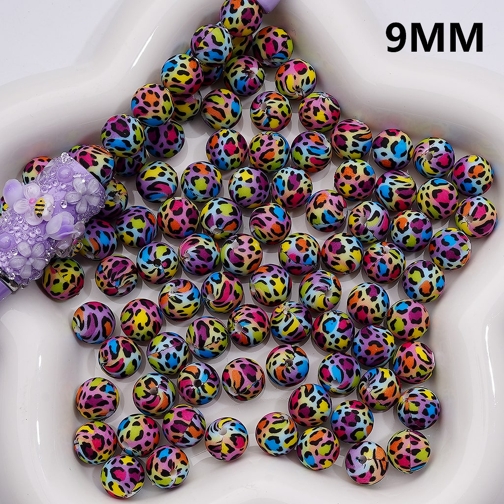 Colorful Mini Leopard Printed Silicone Beads, 9MM, Number Z-00260