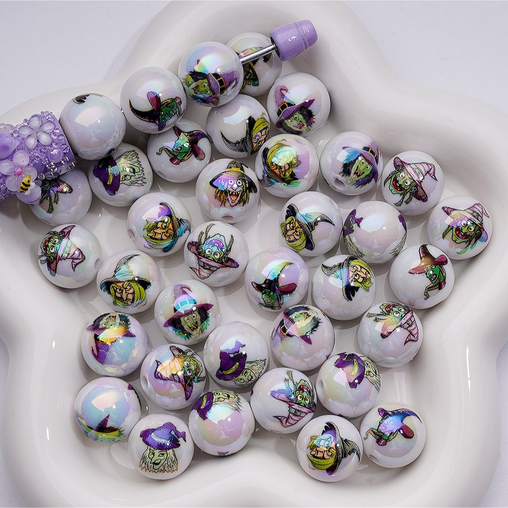 UV Coating Halloween Witch Spooky Round Acrylic Beads 16MM Random Mix