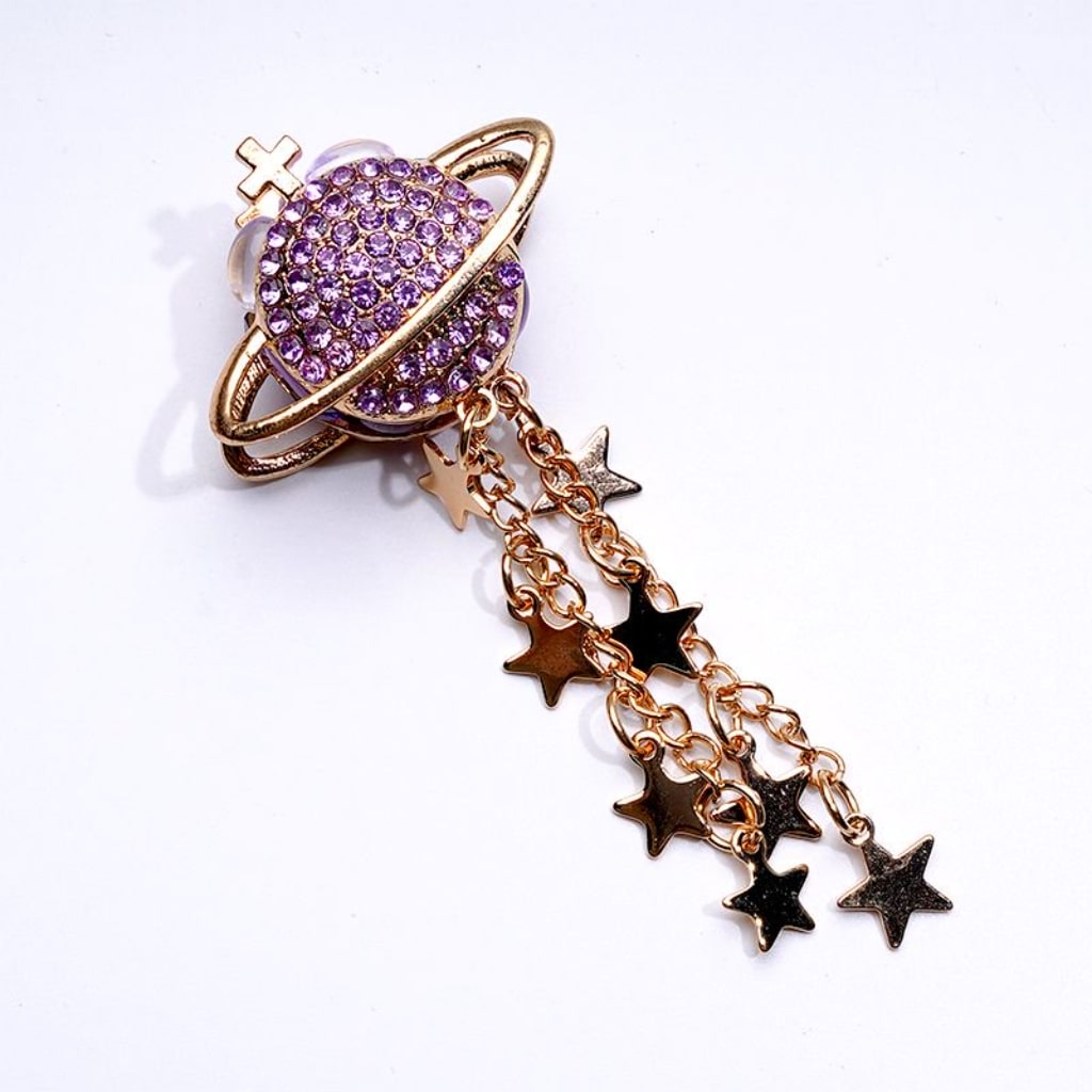 Fancy Gold Alloy Cross Star Chains Planet Saturn with Colorful Shiny Rhinestones Clay Beads, Around 37*85MM