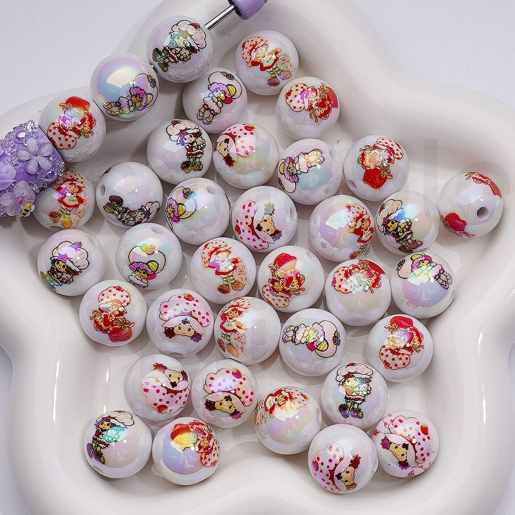 Cute Berry Girl UV Coating Round Acrylic Beads 16MM Random Mix