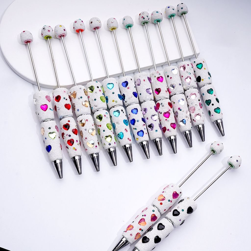 Elegant Beadable Heart Pen – Solid Colors with Sparkling Rhinestones & Mini Snow Balls